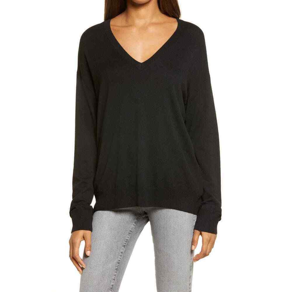 TREASURE & BOND Women's High/Low V-Neck Sweater In Black $90 Size S